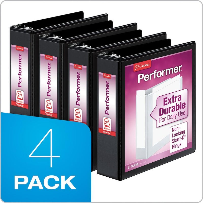 Cardinal Performer 3-Ring Binders, 2", Non-Locking Slant-D Rings, 540-Sheet Capacity, ClearVue Presentation, Non-stick, PVC-Free, Black, 4-Pack (27501) - Image 3